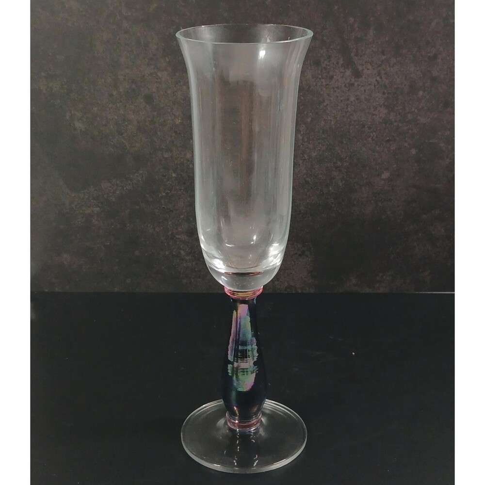 Handblown Art Glass Champagne Flute Iridescent Blue-Purple Minor Chips